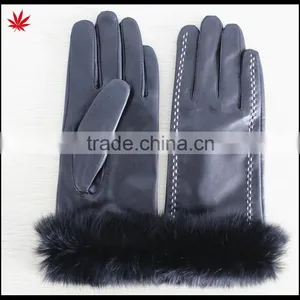 Rabbit Fur Trim Leather Gloves Women Leather Gloves thumbnail-2