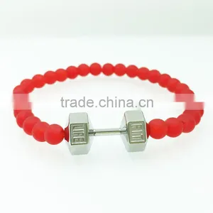 6mm Glass Bead Stretch Bracelet With Charm Fit Life Dumbbell Bracelet thumbnail-3