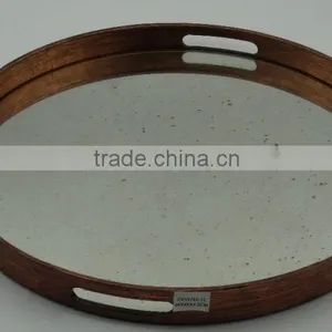 Antique Golden Painted Round Wooden Mirror Tray thumbnail-2