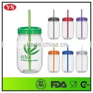 540ml Food Grade Single Wall Plastic Drinking Jar With Lid and Straw thumbnail-1