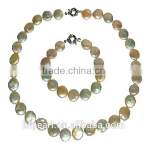 Champagne Coin Freshwater Pearls Necklace With Bracelet Jewelry Set thumbnail-1