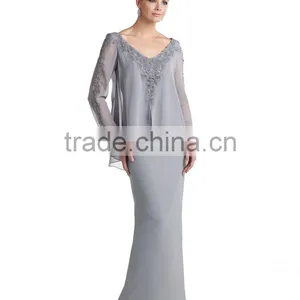Grey Long Sleeve Lace Chiffon Mother Long Evening Dress Patterns thumbnail-1