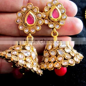 GOLD PLATED Polki Necklace Jhumka Chandelier EARRING Set thumbnail-2