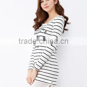 For Women This White Collar and Body Text Printed Chiffon Stitching Knitted Stripes Long-sleeved Dress thumbnail-3