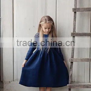 Linen Long Sleeved Girls Dress Midi Girl Dress Navy Blue Dress Hot Sale thumbnail-1