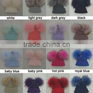 Myfur Baby Blue Wool Crochet Knitted Hats With Double Removable Raccoon Fur Balls thumbnail-6