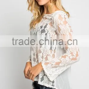 Beautiful Lace Front Long Sleeve Lower Back Lace Blouse thumbnail-4