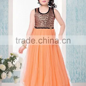 Salmon Color With Shiny Black Design at Neck and Border at Bottom Long Gown Sizzling Girls Ready Made thumbnail-1