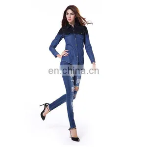 Long Sleeve Navy Factory Wholesale Ladies Denim Shirts thumbnail-5