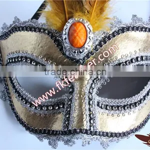 Gold Feather Mardi Gras Masquerade Birthday Party Mask With Cock Feather Mask thumbnail-2