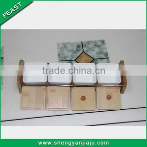 White Porcelain Chip and Dip Bowl Set Bamboo Tray thumbnail-1
