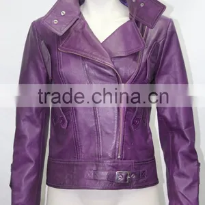 Ladies Short Purple 4110 Fitted Waist Length Soft Napa Lambskin Leather Jacket thumbnail-1