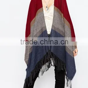Elegant Striped Design Poncho With Fringe Western Women Tassel Trim Poncho thumbnail-4
