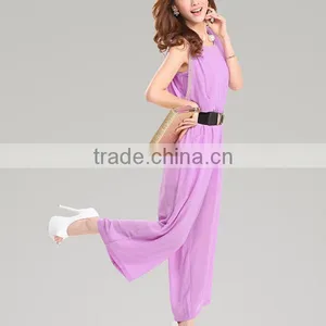 High Quality New Fashion Ladies Chiffon Loose Fit Sleeveless Capris Custom Made Jumpsuit With Leather Belt thumbnail-3