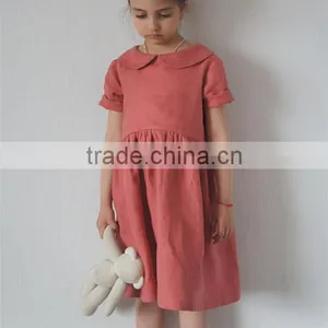 Pink Coral Wholesale Clothing Linen Dress Peter Pan Collar Child Clothes thumbnail-2