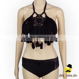 Bohemia Style Black Plain Knitting Halter Decorative Tassel Kids Holiday Swimwear Yong Girl Indian Remake Photo Bikini Bra thumbnail-3
