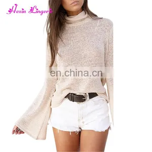 Newest 2017 Solid Color Trumpt Sleeve Loose Stylish Women Blouse Tops thumbnail-2