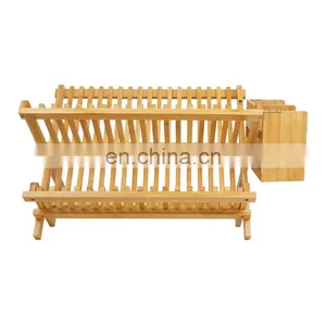 2-Tier Collapsible Bamboo Drainer Dish Drying Rack Multipurpose Roll-Up Dish Drying Rack With Utensil Holder thumbnail-3