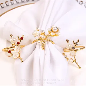 Shiny Gold Plated Napkin Ring Holder With Pearl Flower thumbnail-1