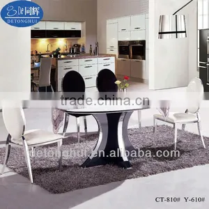 Glass Dining Table 6 Chairs Set, With Stainless Steal Frame (CT-810# Y-610) thumbnail-1