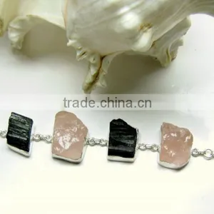 Rose Quartz & Tourmaline Multi Stone Rough Bracelet, 925 Solid Sterling Silver Bracelet, Designer Gemstone Raw Bracelet thumbnail-3