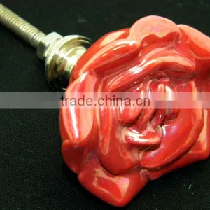 Ceramic Drawer Pull Knobs With Metal Fittings - Red Rose Flower Shape thumbnail-1