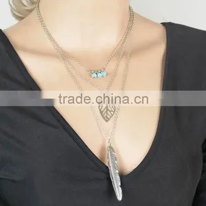 Latest Fancy Design Necklaces Jewelries Bohemia Style Three Tiny Turquoise Hollow Leaf Long Feather Multi Layer Necklaces thumbnail-1