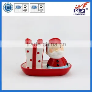 Vintage Holiday Christmas Santa Claus and Gift Bag Salt & Pepper Shakers With Tray thumbnail-1