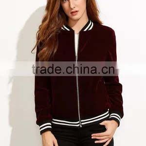 Jacket Women Winter Burgundy Stand Collar Bomber Jacket Slim Fit Velvet Blazer With Striped Trim Detail thumbnail-2
