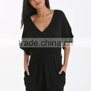 Made In China Deep V Neck Sexy Girls Wearing Jumpsuit Black Beach Wear Short Casual Summer Playsuit For Women thumbnail-2