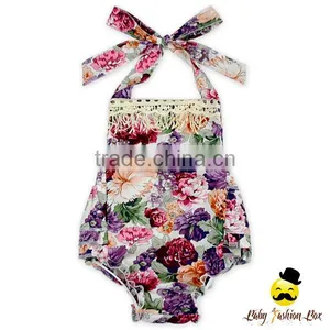 OEM Service Flower Printed Sleeveless Halter Fringe Toddler Baby Girl Floral Ruffle Romper Infant Newborn Clothes thumbnail-6