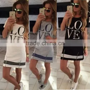 1PCS M-XL Women Love Letter Print O Neck Short Sleeve Zipper Long Above Knee Straight Dress Summer Casual Dress Tops Blouse thumbnail-1