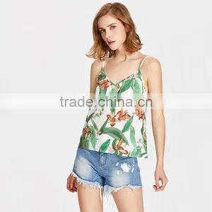 Hot Design Floral Print Sexy Top, Ladies V Neck Silk Short Tan Top thumbnail-2