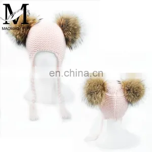 High Quality Fashionable Kids Beanie Hats With Two Fur Pom Poms Baby Fur Hat thumbnail-3