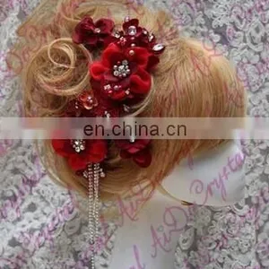 Aidocrystal Red Gradient Gem Combs the Bride Lace Flannelette Handmade Hair Accessories thumbnail-4