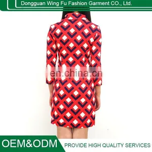Ladies Retro Printing Red Knitted Cotton Shirt Style Long Sleeve Lapel Dress thumbnail-2