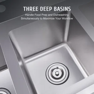 Stainless Steel Three-bowl Commercial Sink, Multi-purpose Sink for Kitchen Worktops, Suitable for Restaurants, Bars, Home Laundry Rooms, Garages. thumbnail-4