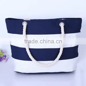 Excellent Quality Reusable Canvas Shopping Bag Stripe Canvas Beach Tote Bag Wholesale thumbnail-1