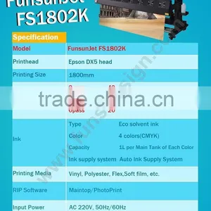 Funsunjet FS1802K 1.8m / 6ft Flex Banner Adhesive Vinyl Sticker Printer With DX5 Head 1440dpi Fast Printing Speed thumbnail-2