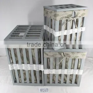 Household Essentials White Wood Open Slats Laundry Hamper With Lid and Cotton Liner thumbnail-4