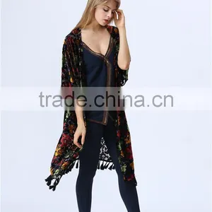 Colourful Burnout Velvet High Quality Fabric Women Kimono Cardigan With Tassel Hem Detail thumbnail-5