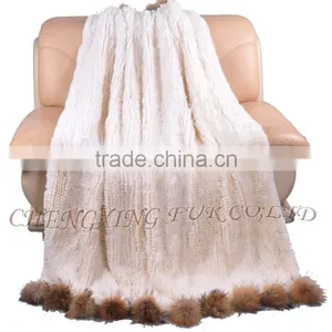 CX-D-108 Hand Knitted Super Cream Real Rex Rabbit Fur Throw Blanket thumbnail-4