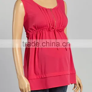 Hot Sale Magenta Zip-Front Maternity T-Shirt With Tie-Waist Maternity Sleeveless Tops Women Clothing WT80817-21 thumbnail-1