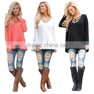 The European and American Fashion Pure Color Loose Long-sleeved T-shirt thumbnail-1