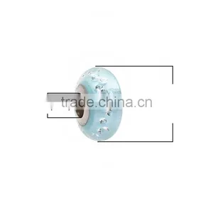 Lampwork Glass&Cubic Zirconia European Style Large Hole Charm Beads Round Green Blue Clear W/ Stainless Steel Silver Tone Core thumbnail-2