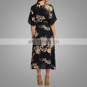 High Quality Chiffon Printing Dress Half Sleeves Ladies Dress thumbnail-4
