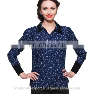BLUE PRINTED SHIRT WITH CONTRAST COLLAR AND CUFF DESIGNER TOP LADIES NEW DESIGN FASHION TOP thumbnail-1