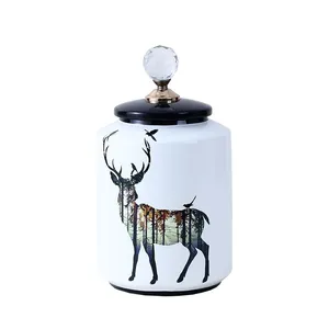 European Simple Style New Cylinder Deer Painting Ceramic Flower Vases Tableware Decoration With Crystal Lid For Home thumbnail-1