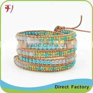 White And Brown Crystal Mix Wrap Bracelet On Contrasting Brown Leather With A Stainless Steel Clasp thumbnail-1