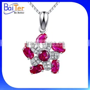 Fashion White Gold Plated 3 Three Stones Cubic Zircon CZ Genuine 925 Sterling Silver Lab Created Ruby Pendant thumbnail-6